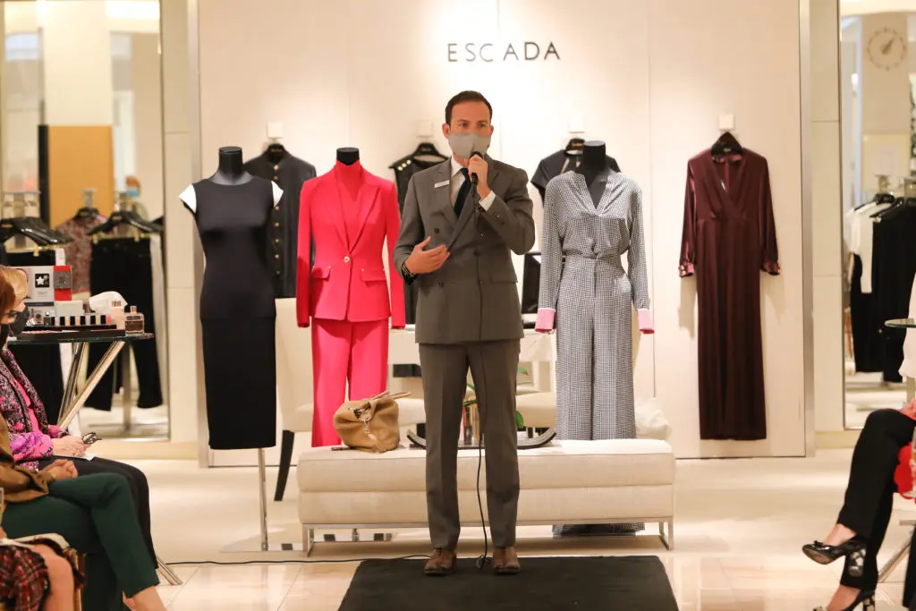 New Neiman Marcus Houston GM and VP Chris Hendel welcomes Houston Symphony League supporters to the organization's annual fall luncheon, though this year the fashion presentation was followed by boxed lunches to go. Thank you COVID-19.