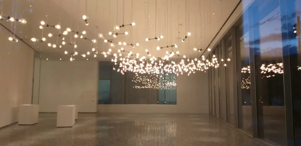 In Café Leonelli's new space, a culinary concept developed by Michelin-star chef Jonathan Benno, a light installation by Spencer Finch, "Moon Dust (Apollo 17)," first presented at the Venice Biennale in 2009. (Photo by CDA) 