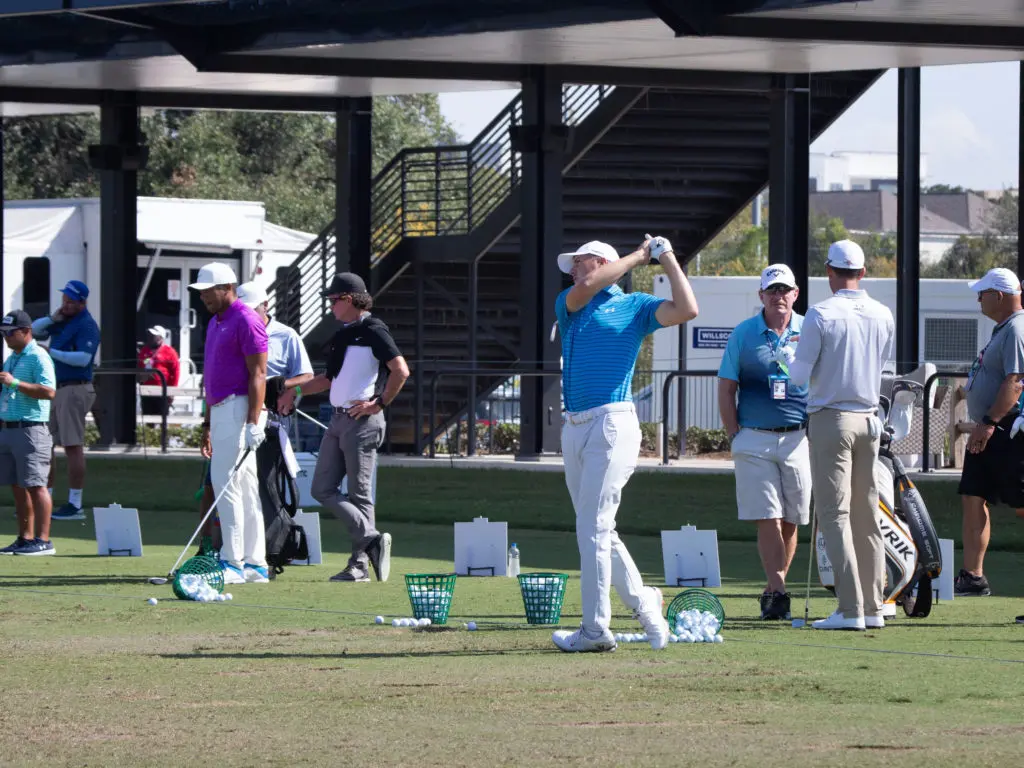 Jordan Spieth works on his game on the driving range. (Photo by F. Carter Smith)