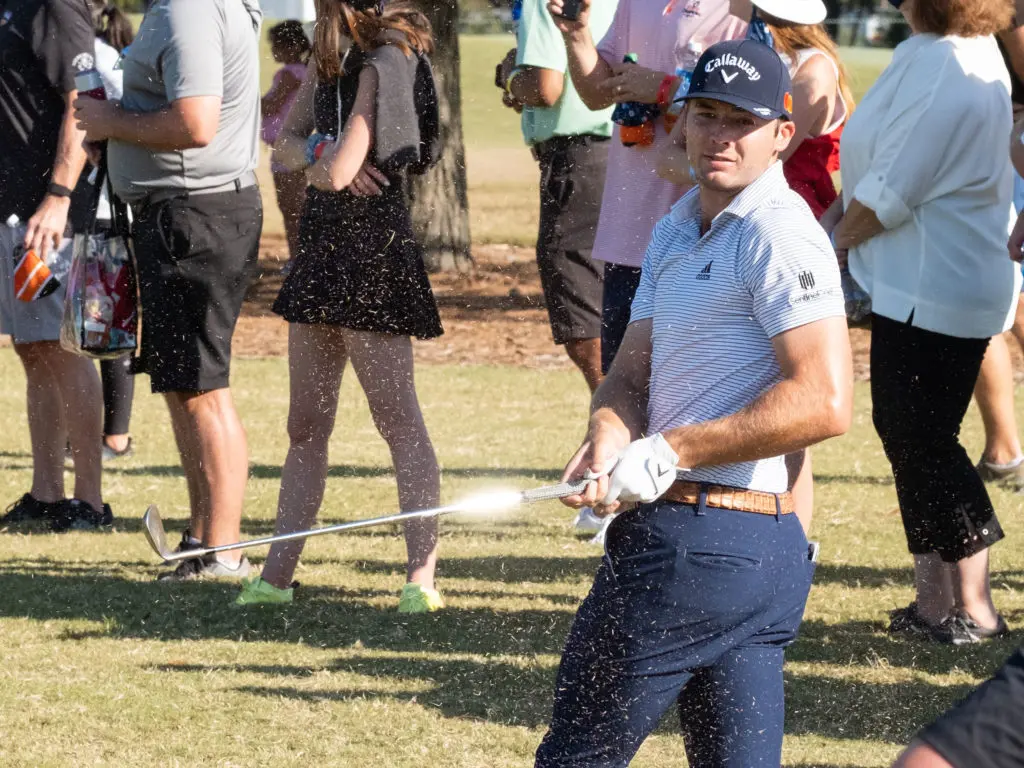Sam Burns did not let anything keep him down in the third round at the Houston Open. Not even a bad lie. (Photo by F. Carter Smith)