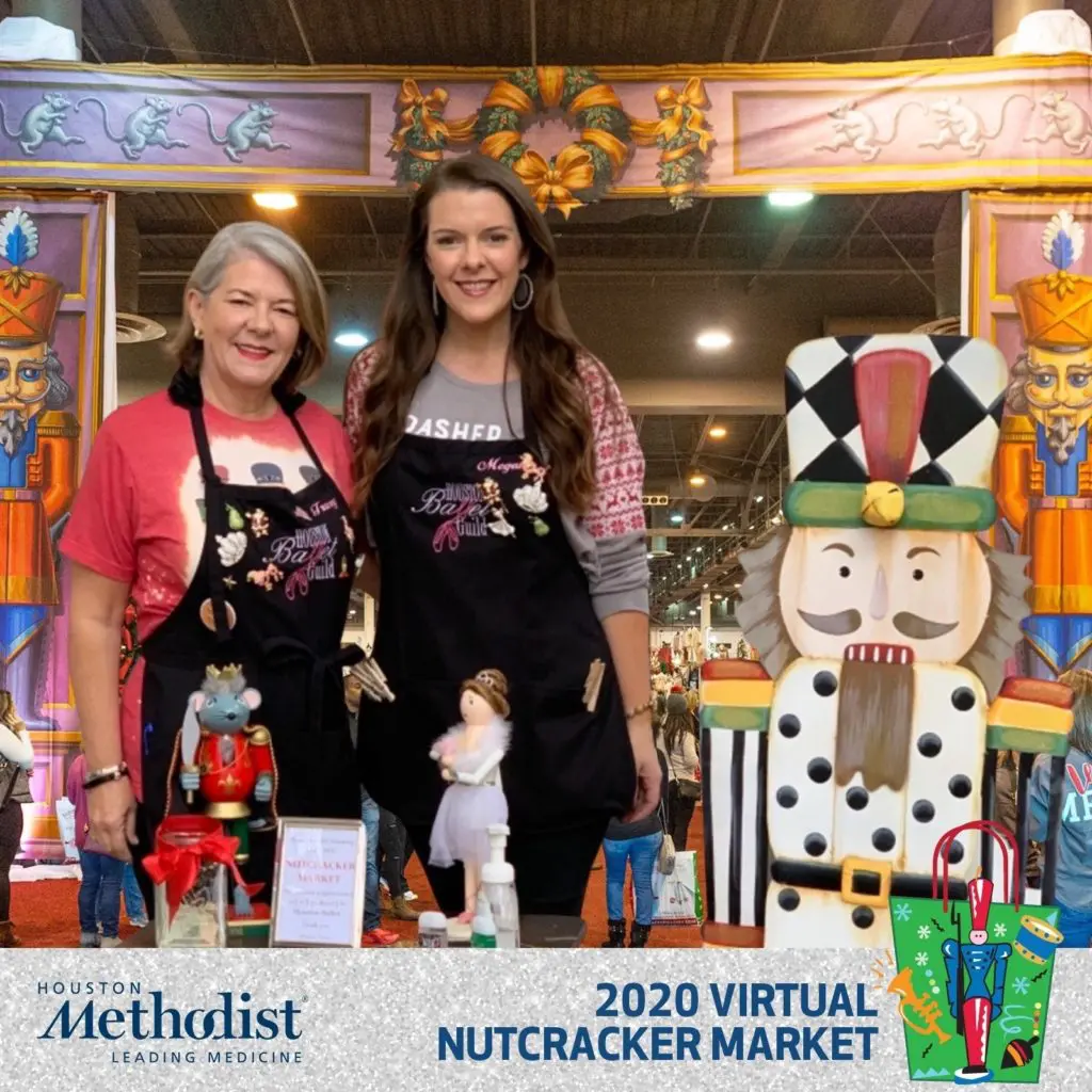 Nutcracker Market Ornament Barre Chairs Tracey Williford and Megan Kessler pose for a photo at the Houston Methodist virtual photo booth in November. 