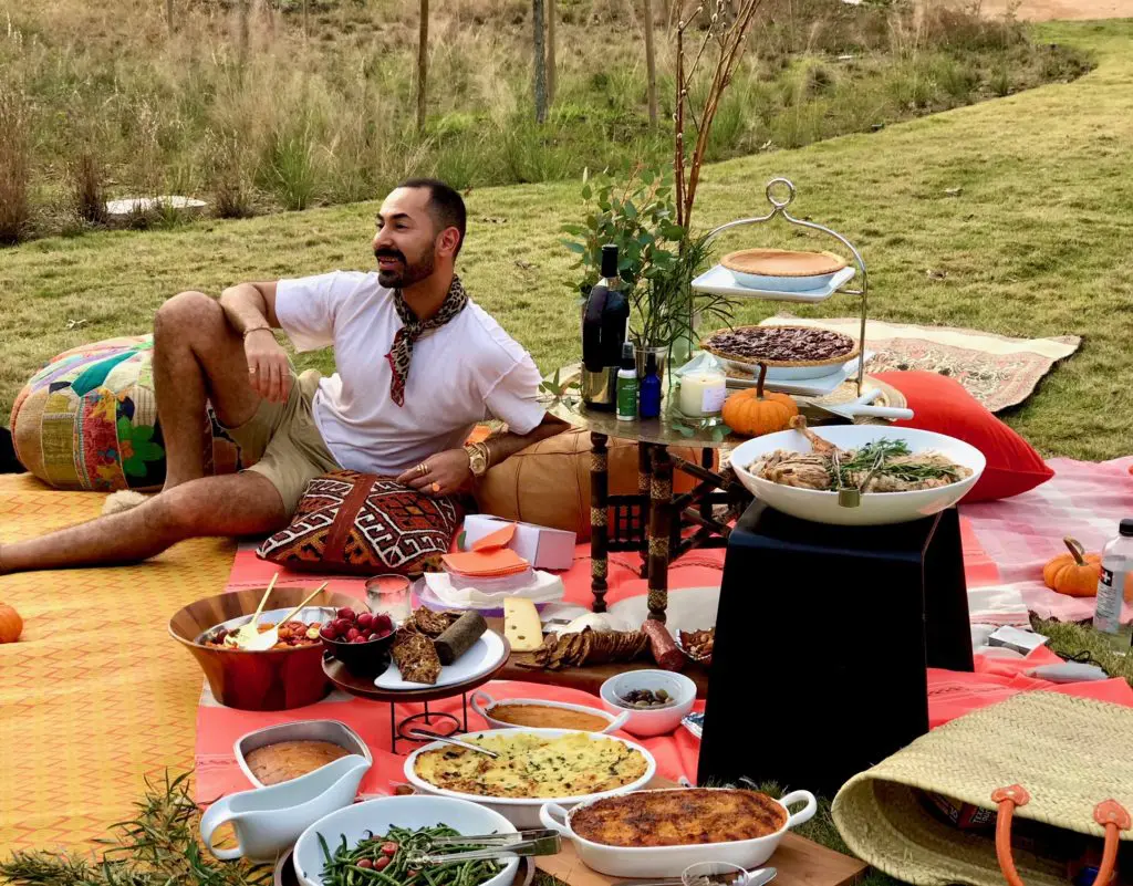 Tootsies creative director Fady Armanious takes his creative talents to Houston's Memorial Park for a Thanksgiving Day picnic with a handful of socially-distanced friends. 