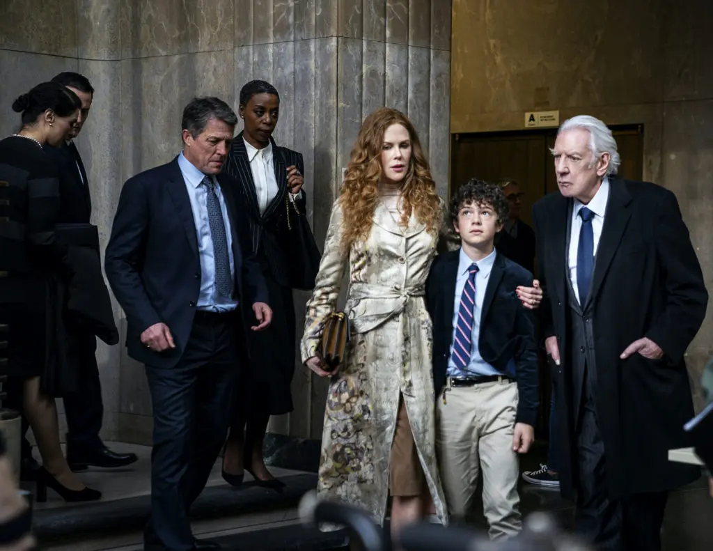 Hugh Grant, Noma Dumezweni, Nicole Kidman, Noah Jupe and Donald Sutherland gather in a courtroom scene from HBO's 'The Undoing.' (Photo by Niko Tavernise, courtesy of HBO.) 