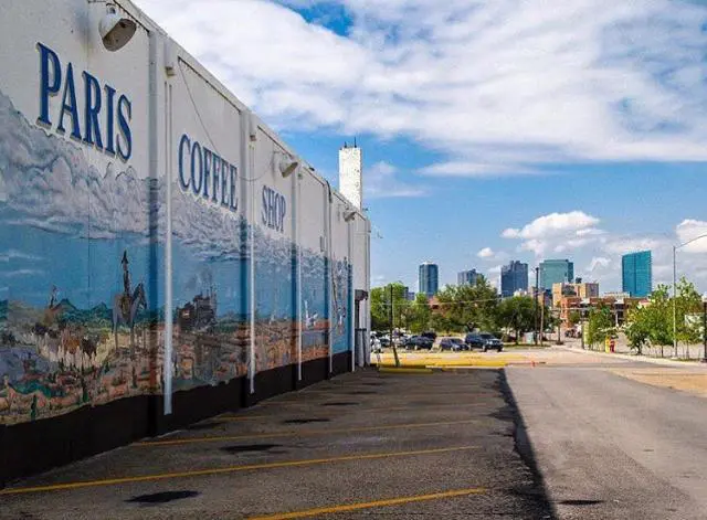 Paris Coffee Shop side wall mural with a view of downtown Fort Worth. (Photo by Fortworthwhile.)
