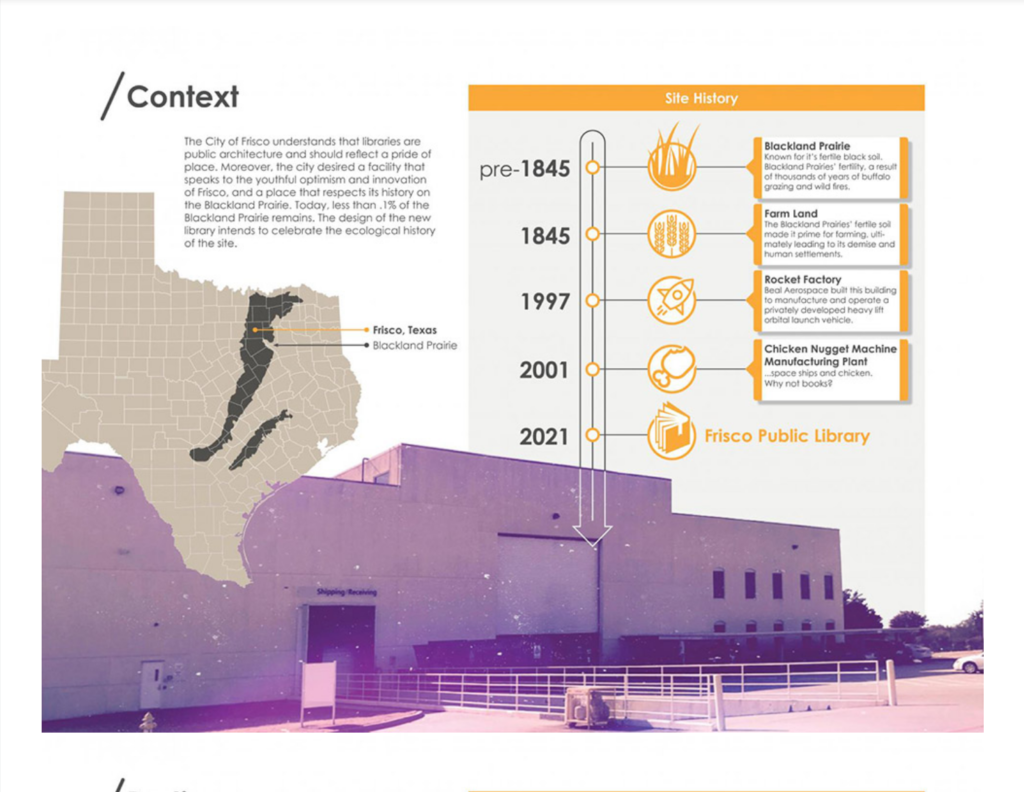 The 90s-era concrete building was once used to manufacture rockets, and is being repurposed and reinvented as the future Frisco Public Library. Frisco's Blackland Prairie ecosystem was a big inspiration for Gensler's design.