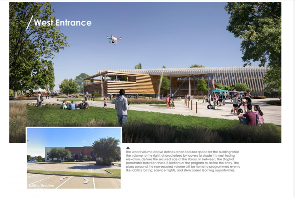 The library's plaza is designed to host robotics racing, science nights, and STEM programs.