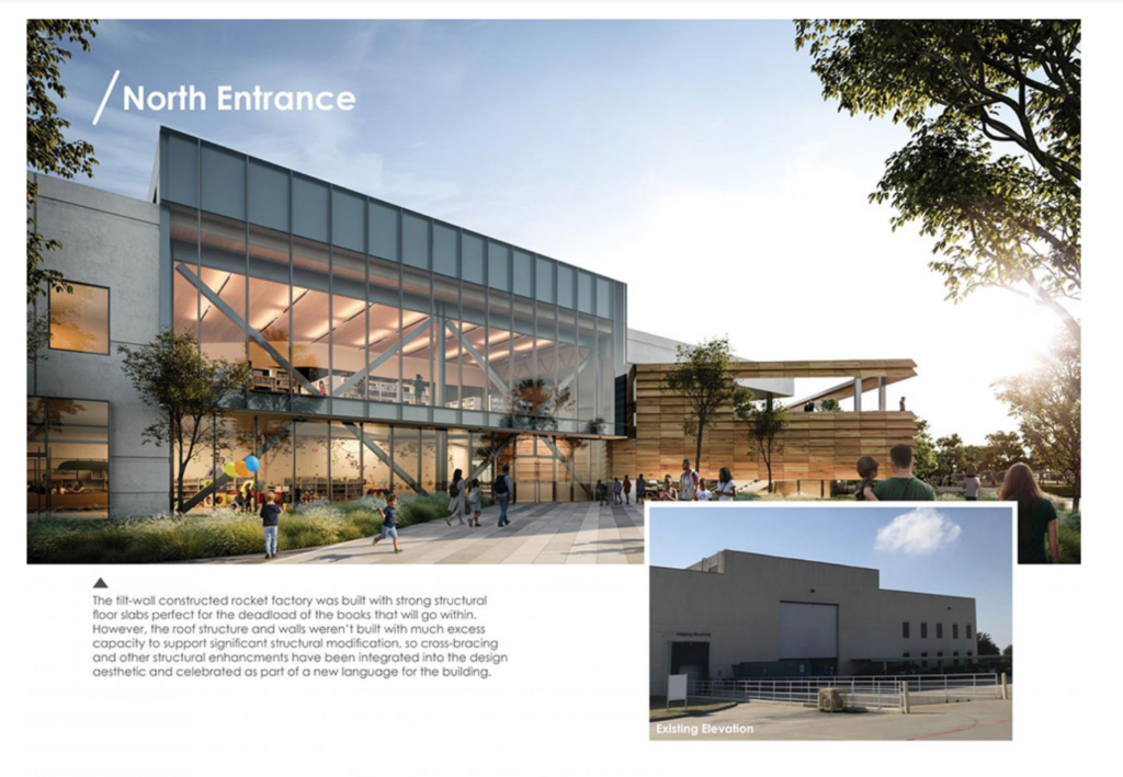 Gensler architects replaced a concrete wall with steel braces to support massive windows and sliding doors for the entry.