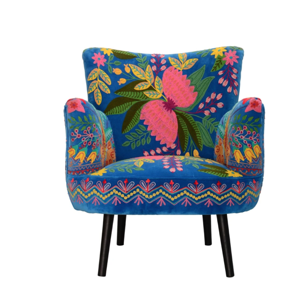 Fabulous textiles from Karma Living cover everything from chairs to pillows to totes, all available from the virtual Houston Ballet Nutcracker Market. 