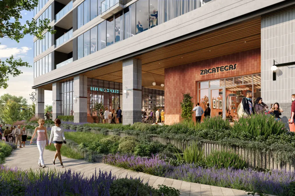 Austin-based Michael Hsu Office of Architecture was enlisted to create the architectural identity for Autry Park’s retail spaces as well as architectural features of its central public park. (Courtesy rendering)