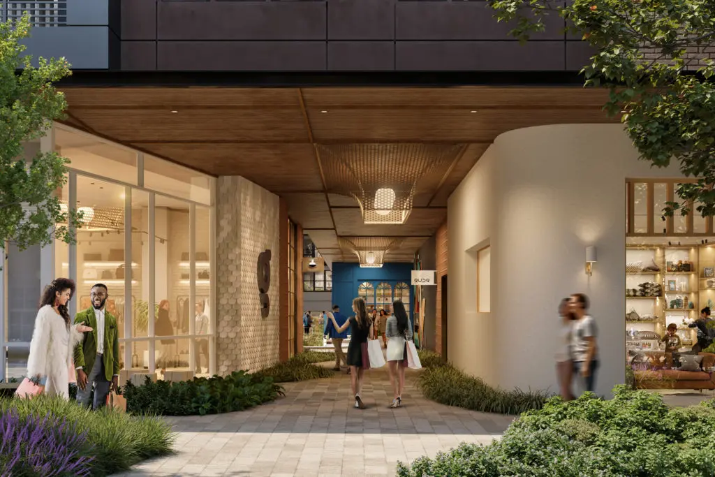 Austin-based Michael Hsu Office of Architecture was enlisted to create the architectural identity for Autry Park’s retail spaces as well as architectural features of its central public park. (Courtesy rendering)