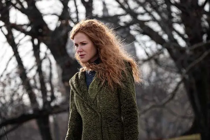 The green coat Nicole Kidman wears in this scene from HBO's 'The Undoing' has sparked considerable controversy among viewers. (Image courtesy of HBO.) 