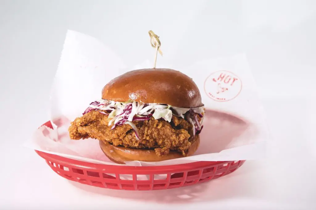 This is what a food sensation looks like. Tumble 22's Nashville Hot Chicken sandwich in a basket makes an impression.