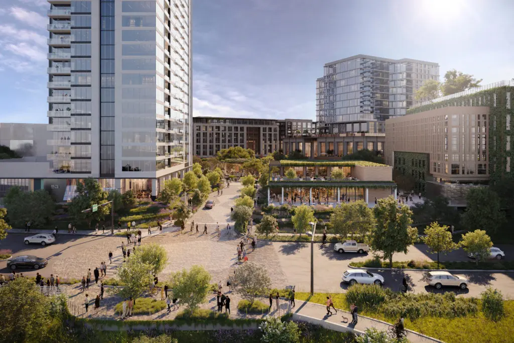Autry Park proposes to be an urban village replete with requisite amenities and a central green space approached by a winding network of streets and sidewalks shaded by mature live oaks. (Courtesy rendering)