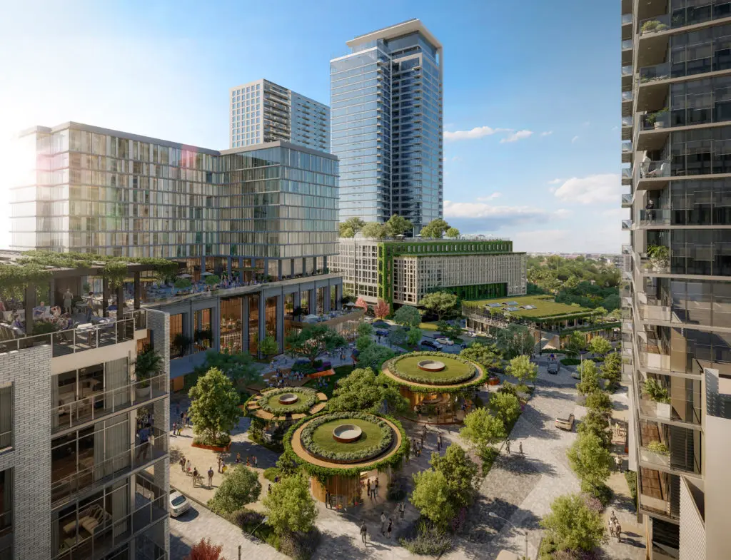 Autry Park will include 1,450 residential units, 350,000 square-feet of Class A office space, and 100,000 square-feet of select retail, developed by Hanover Company and Lionstone Investments. (Courtesy rendering)