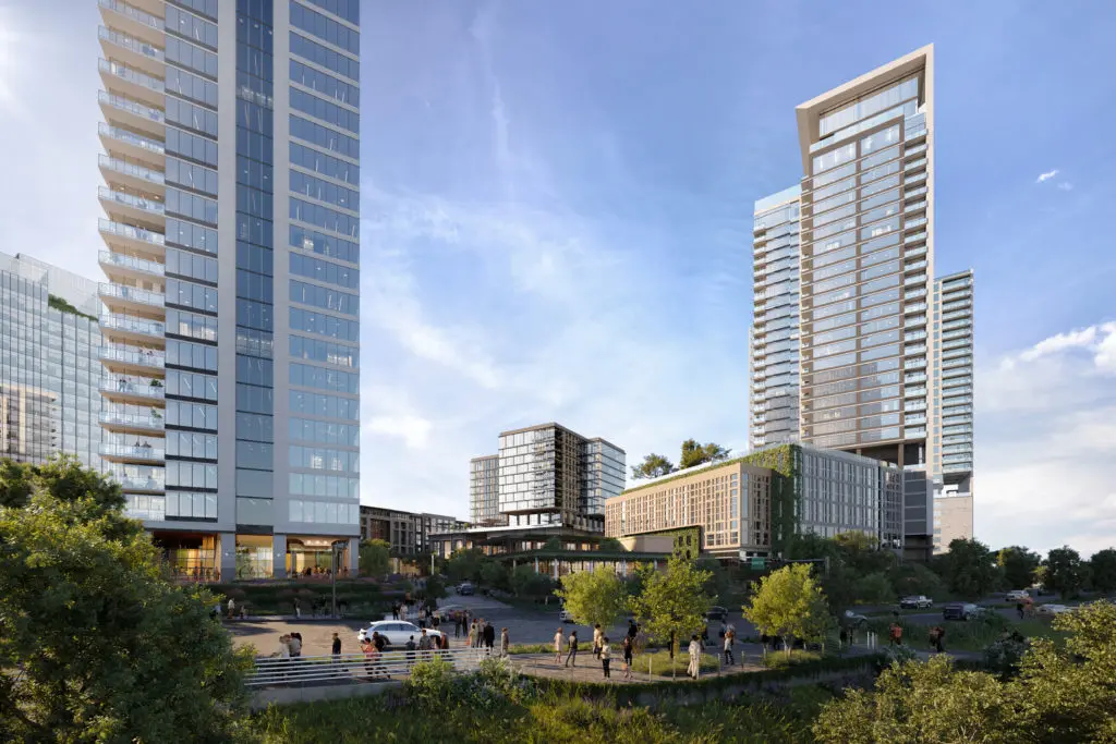 Autry Park proposes to be an urban village replete with requisite amenities and a central green space approached by a winding network of streets and sidewalks shaded by mature live oaks. (Courtesy rendering)