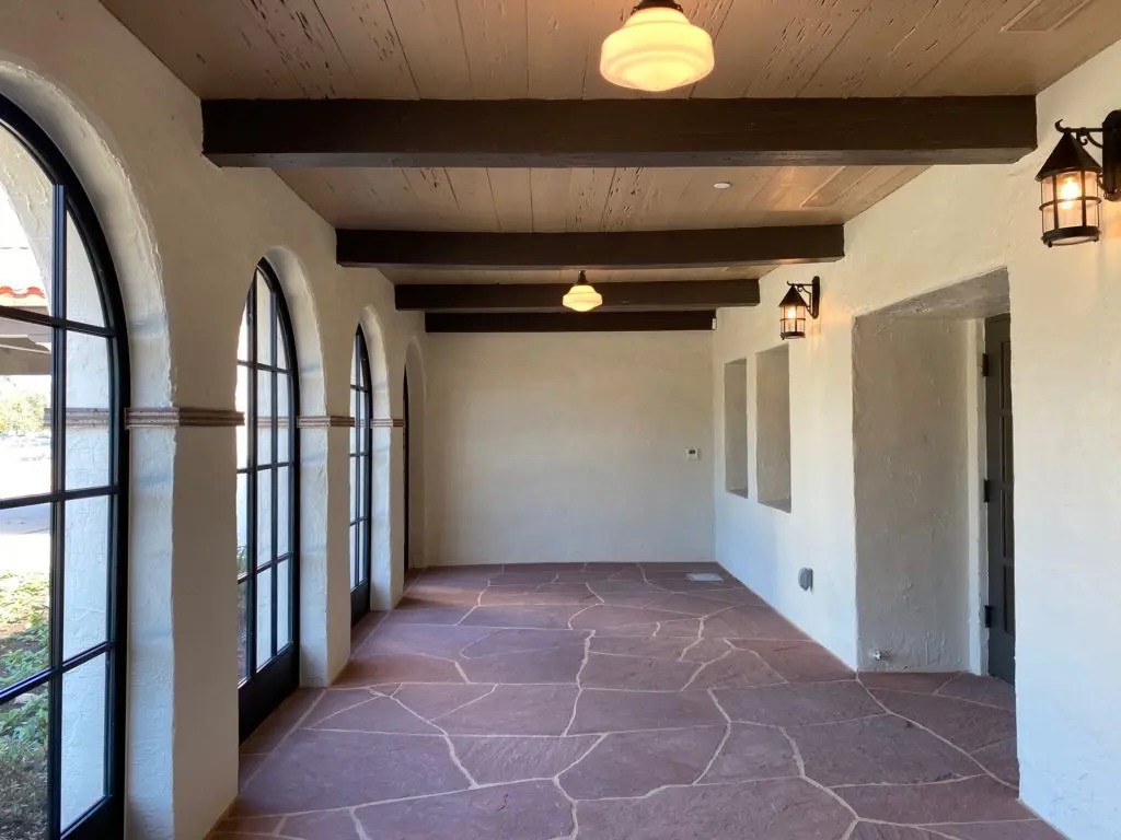 The loggia entrance to the former Historic Clubhouse at Hermann Park is now an enclosed parlor at the newly-named Lott Hall.  (Photo by Shelby Hodge)