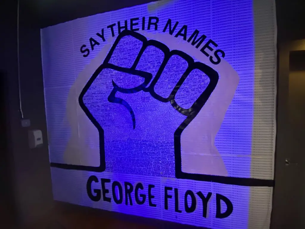 Black Lives Matter activist and artist Arkan Ali's "BLM" showcases the names of victims of police brutality, including George Floyd. (Photo by Nicole Betts)