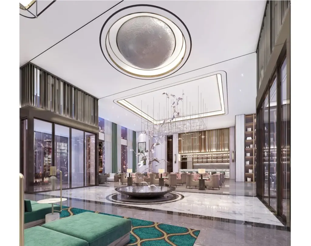 The soaring crane mobile above the fountain in the Blossom Hotel Houston Medical Center is emblematic of the hotel's Chinese roots.
