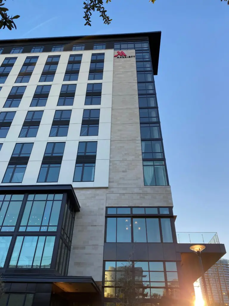 A sunrise view of the soon-to-open Marriott Dallas Uptown shows the hotel in a different light.