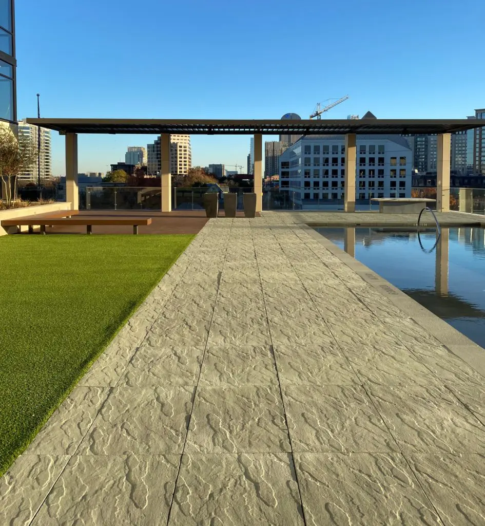 The Marriott Dallas Uptown pool deck looks toward downtown.
