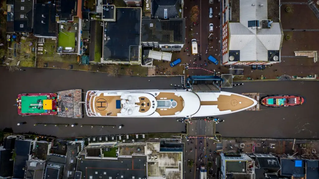 An areal view of Tilman Fertitta's Feadship Boardwalk of which he is expected to take possession in April.  (Photo courtesy of Feadship)