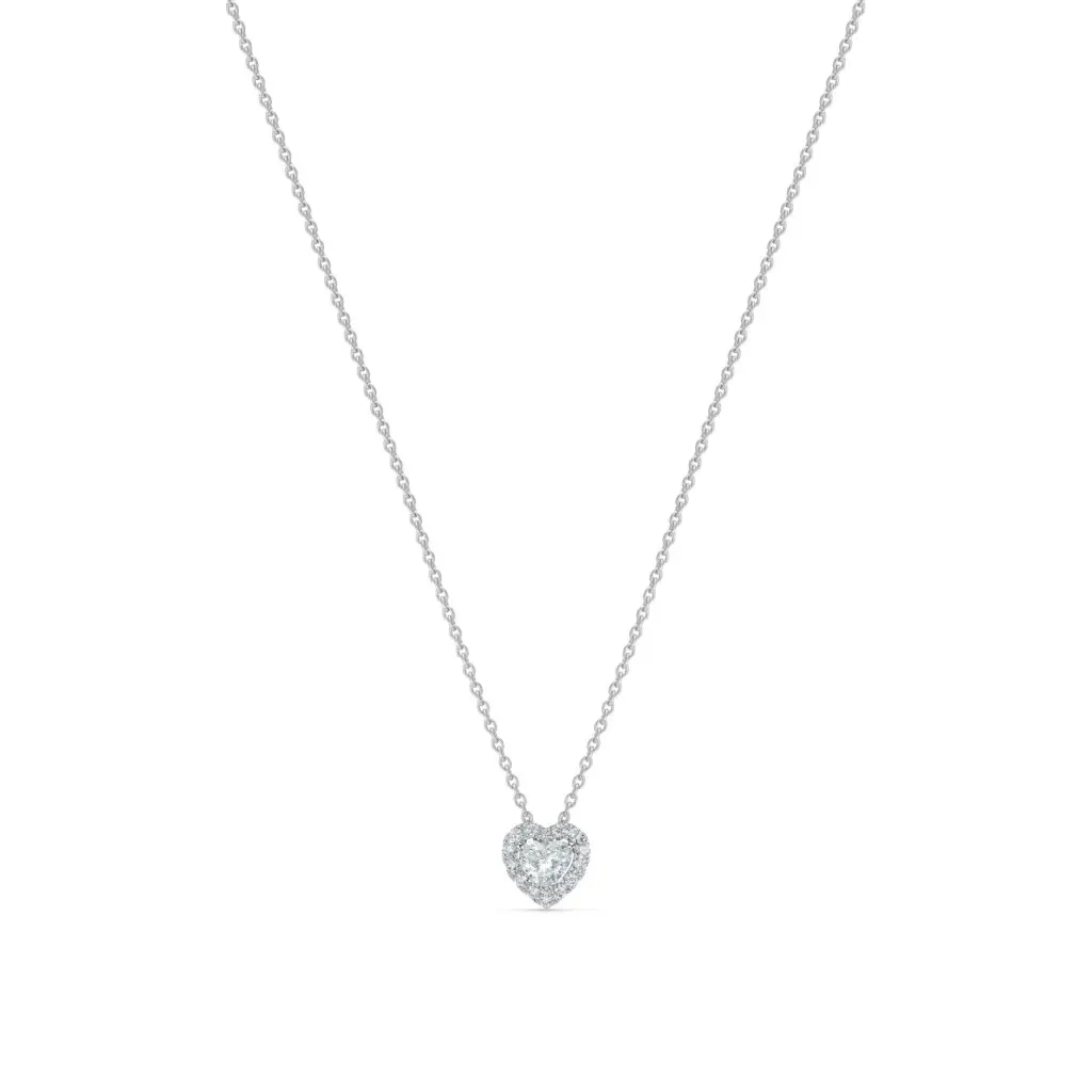 De Beers' heart-shaped diamond pendant is suspended from an 18k white gold chain.