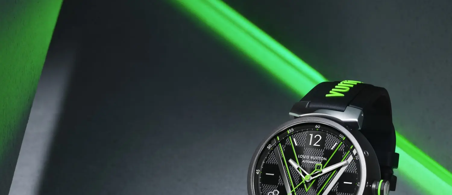 Louis Vuitton’s Tambour watch is inspired by their iconic Damier Graphite canvas.