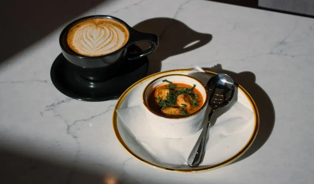 White Rhino Coffee's winter spiced latte and a cup of tomato basil soup.