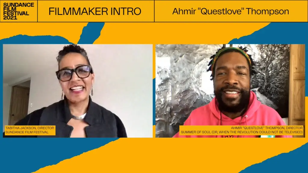 Ahmir "Questlove" Thompson discusses his well received documentary "Summer of Soul" with Tabitha Jackson, director of the Sundance Film Festival (photo courtesy of Sundance Institute)