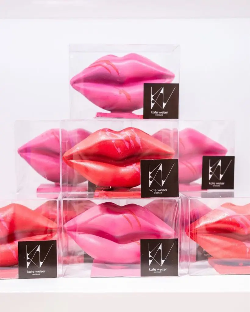 Heart-shaped chocolates, cookies, and "Lip Smackers" at Kate Weiser for Valentine's Day.