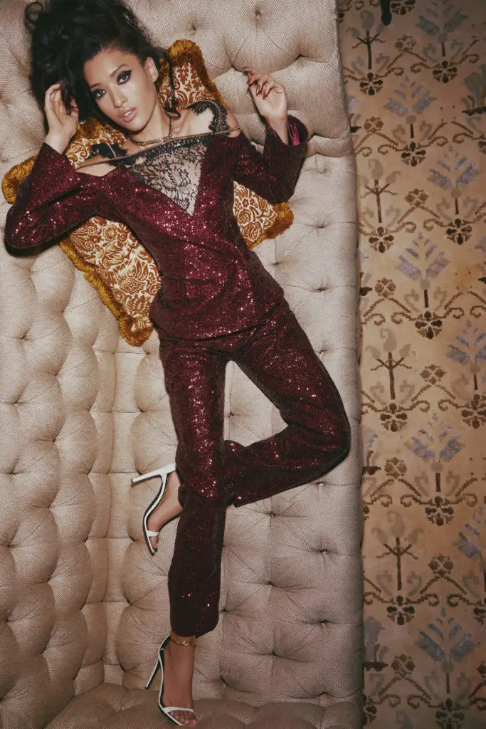 Christian Cowan burgundy sequined and lace pantsuit. (Photo courtesy of Christian Cowan)