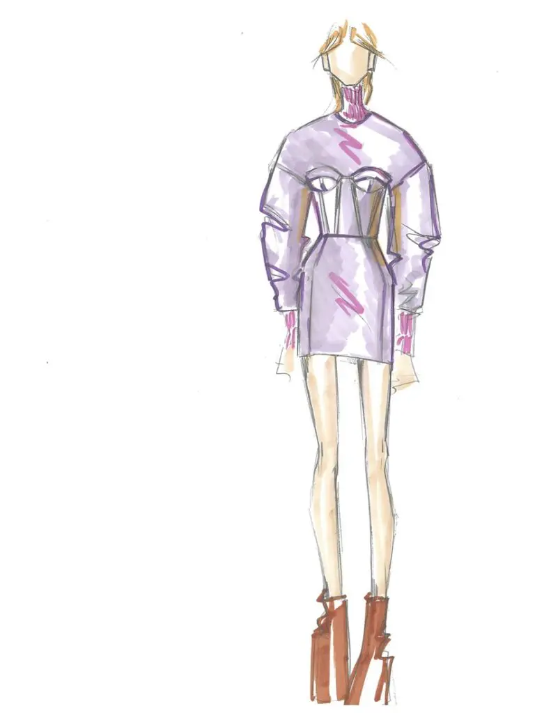 The AKNVAS fall collection features couture-inspired corset details mixed with comfortable oversized sweatshirts and square shapes of LEGO-inspired geometric patterns and zig zags. (Sketch courtesy of AKNVAS)