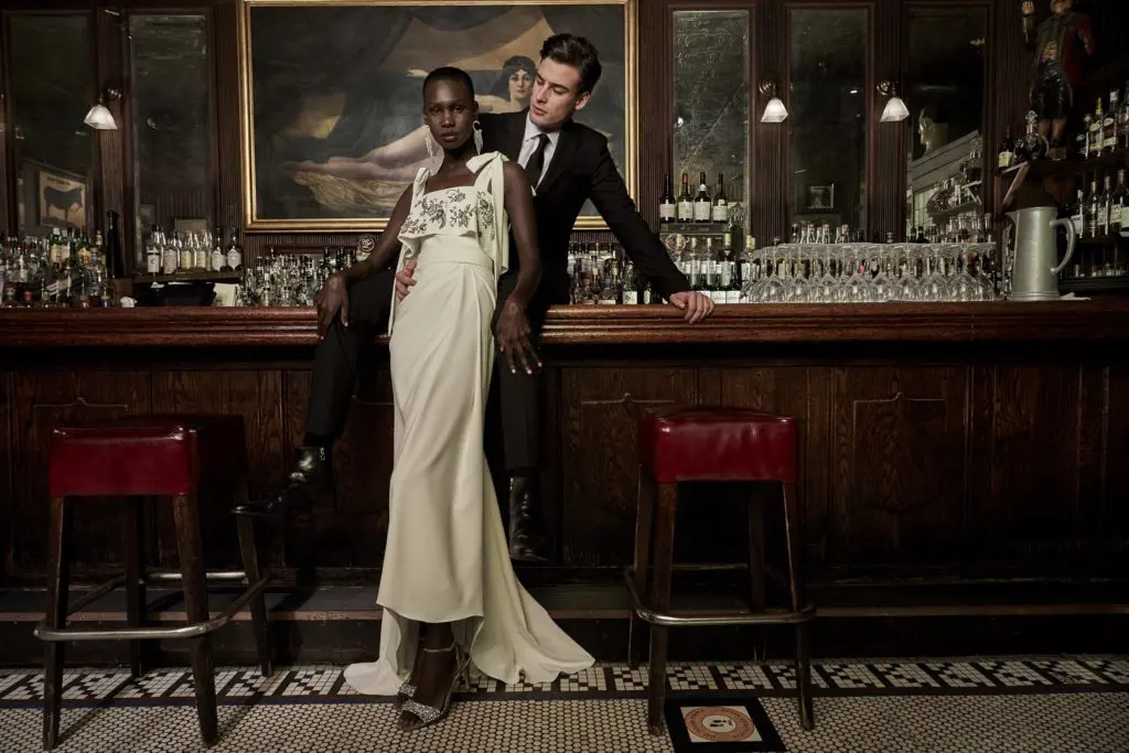Badgley Mischka offers a return to glamour with this embellished off white gown from its fall collection. (Photo courtesy of Badgley Mischka)