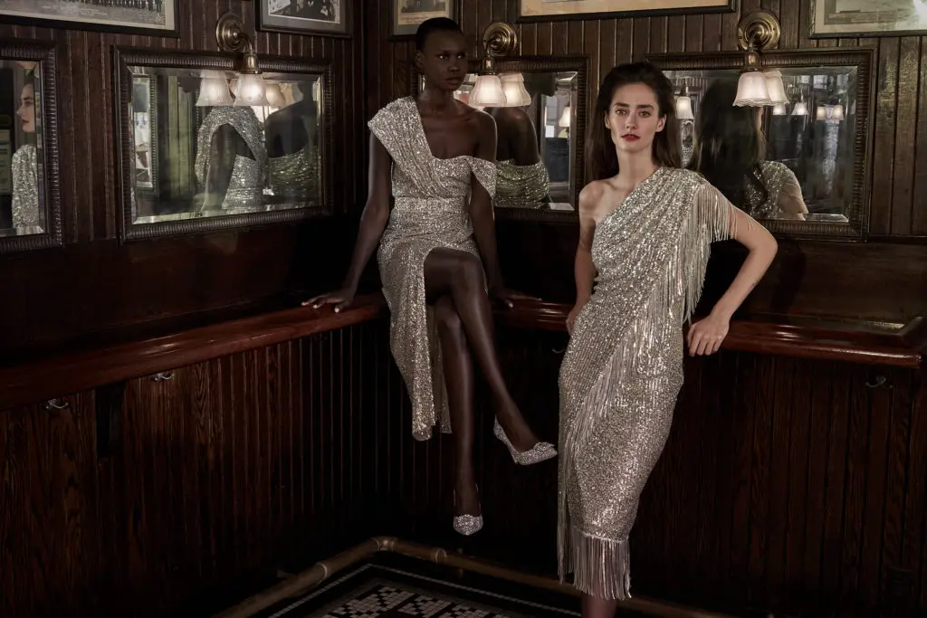 Badgley Mischka silver spangled gowns. (Photo courtesy of Badgley Mischka)