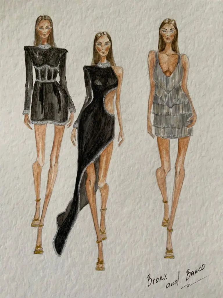 Bronx and Banco creative director Natalie De’Banco said the label's fall collection is inspired by her memories of Sydney's hottest spot called Piano Room, which is where see celebrated her 18th birthday. "I still remember how glamorous and beautiful the women were and the room was filled with diamonds and sequin mini dresses," she recalls. (Sketch courtesy of Bronx and Banco)