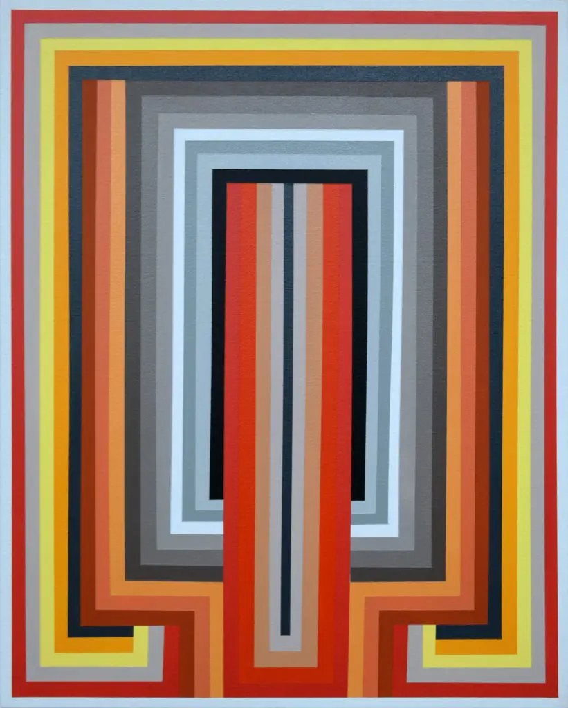 Houston painter Chris Cascio's "Untitled (Orange and Grey Aztec Tongue)," 2020, at Bill Arning Exhibitions
