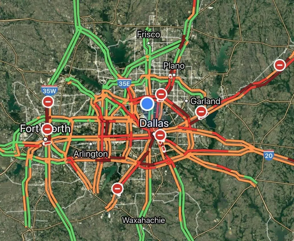 DFW traffic map after a layer of ice on Thursday February 11. (Photo by Jay Jerrier).