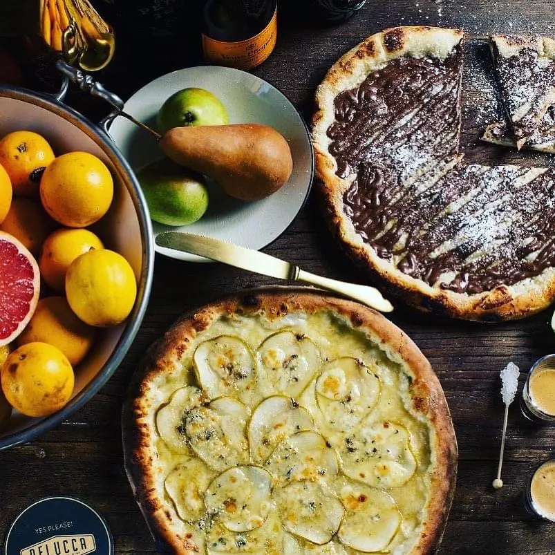 Nutella and pear gorgonzola pizzas for dessert. 
