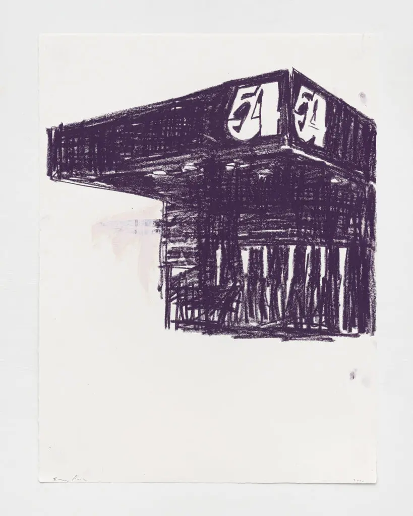 Enoc Perez's drawing "254 W 54th Street, NY, NY Studio 54," 2020. Perez is one of the internationally exhibited artists Bill Arning Exhibitions has presented. 
