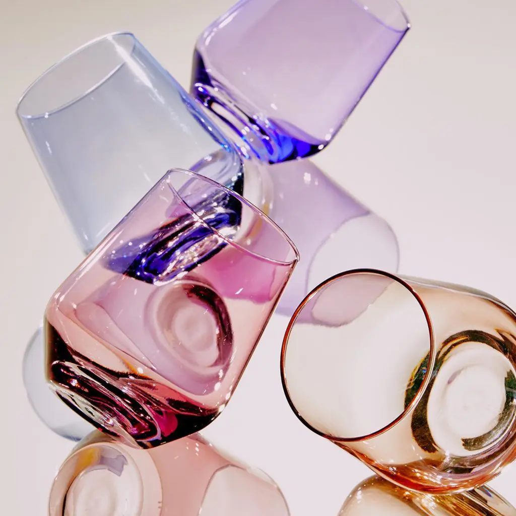 Estelle Colored Glass offers stemless wine glasses in candy hues.