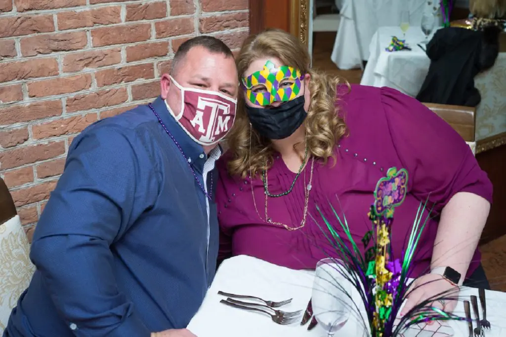 Jimmy & Katie Clapp at The Houstonian's Mardi Gras soirée, held in the historic Manor House. (Photo by Daniel Ortiz)