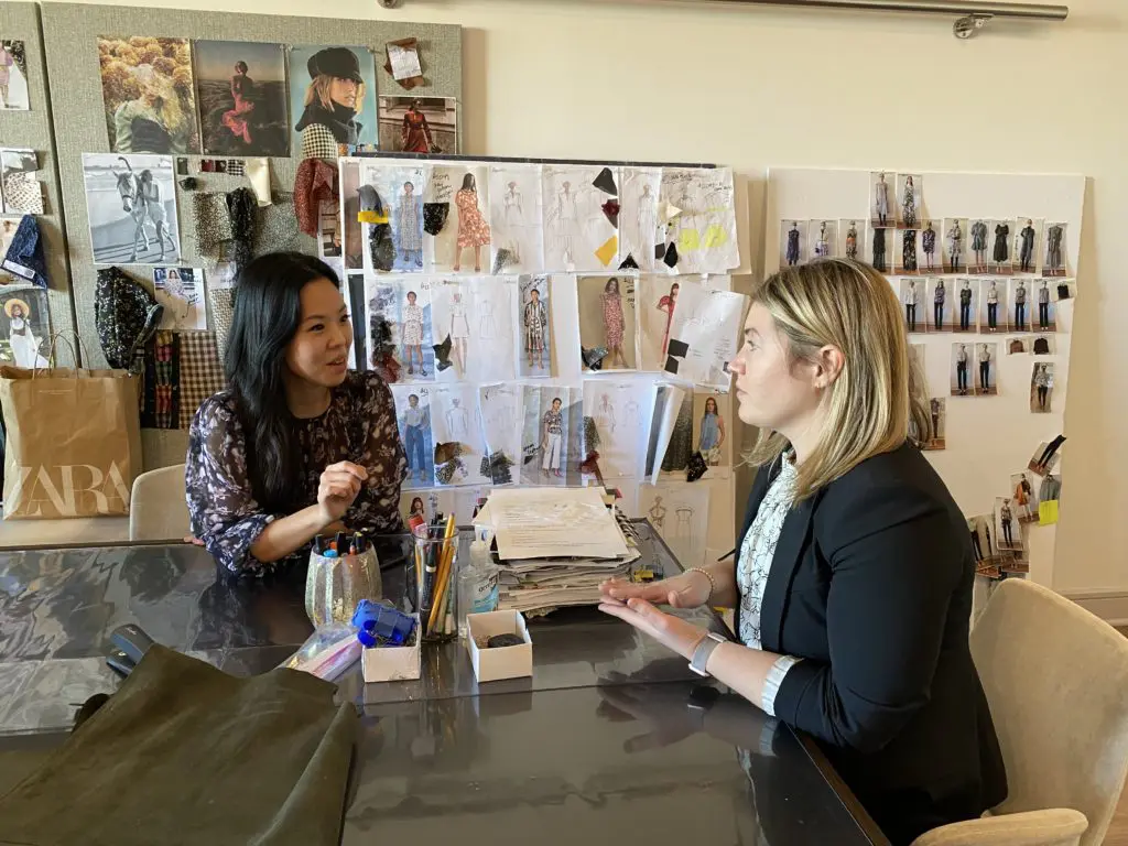 Christy Lynn designer Christy Lynn Lee and Libby Gravatt, director of sales and partnerships discuss the next collection in the atelier at La Colombe d'Or Residences. (Photo by Shelby Hodge)