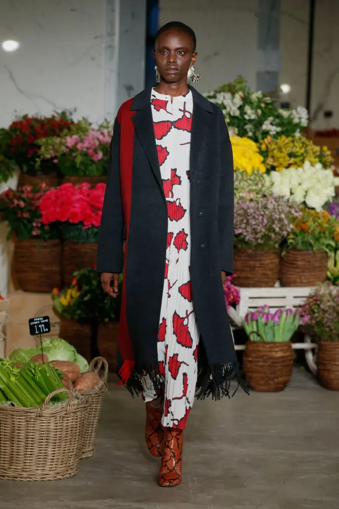 Jason Wu pleated print dress and dark coat. (Photo courtesy of Jason Wu)