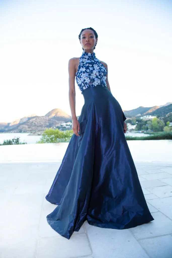 Kevan Hall floral beaded halter gown with blue skirt. (Photo courtesy of Kevan Hall)