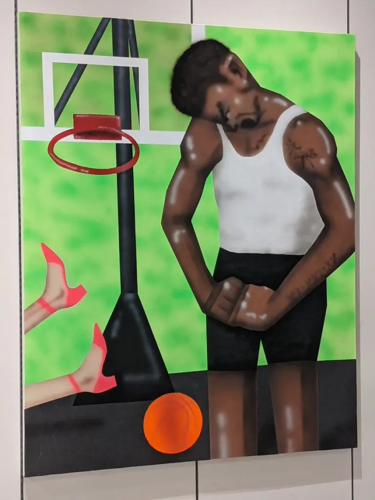 Chinese-born, Houston-based painter, Gao Hang, employs fluorescent hues which he considers to be the tones of his generation. Above: Hang's "Just Freaking Dunked on my Girlfriend," 2020. (Photo by Crystal Correa)
