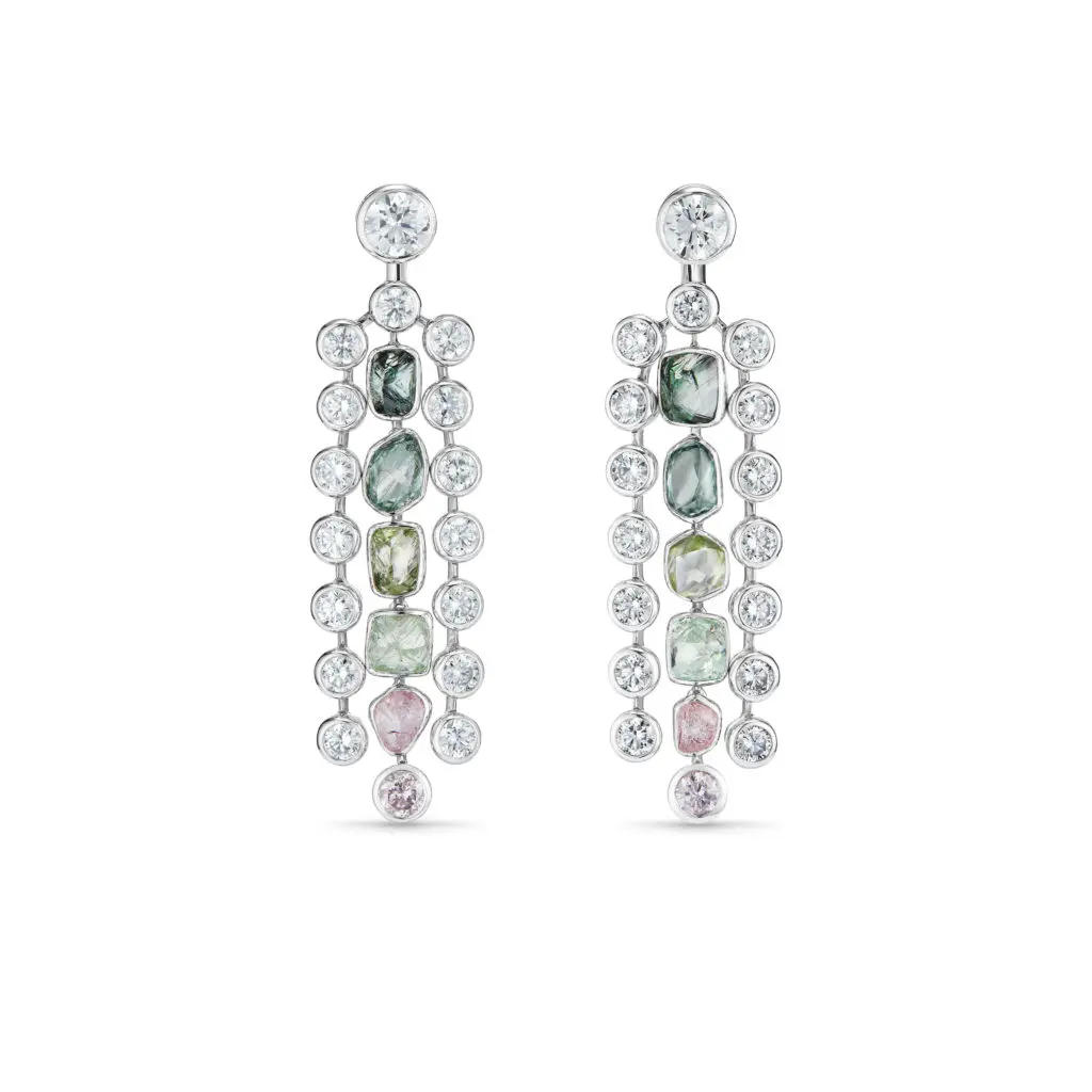 The Okavango Grace drop earrings in De Beers' Reflections on Nature high jewelry collection are inspired by the verdant waterways of Botswana's Okavango Delta. (Photo courtesy of De Beers Jewellers)