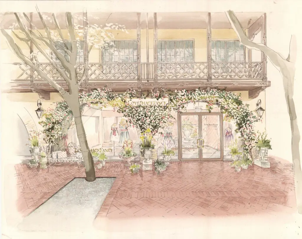 Rendering of the Highland Park Village boutique by RIGOS | MILLS for LoveShackFancy