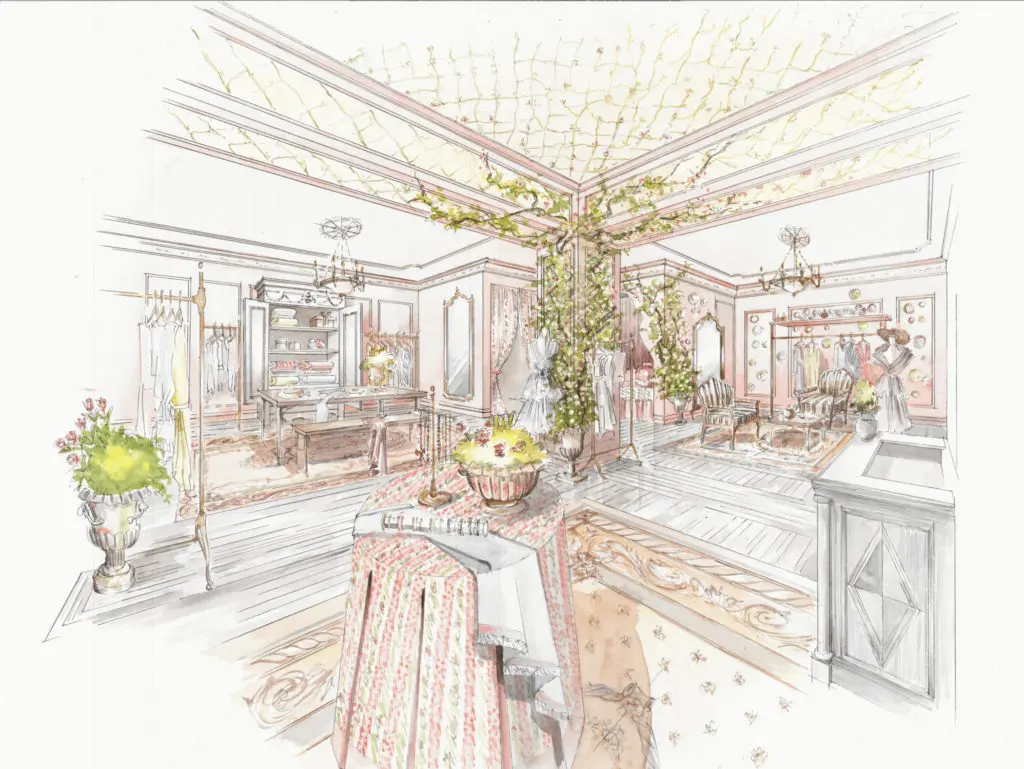 Interior rendering of the Highland Park Village boutique by RIGOS | MILLS for LoveShackFancy