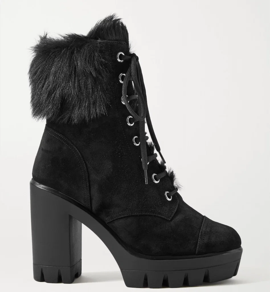 Guiseppe Zanotti captures the functionality of a hiking boot in a most stylish ankle bootie in suede and plush shearling, perfecting for dining at Brasserie 19 during the Texas deep freeze.