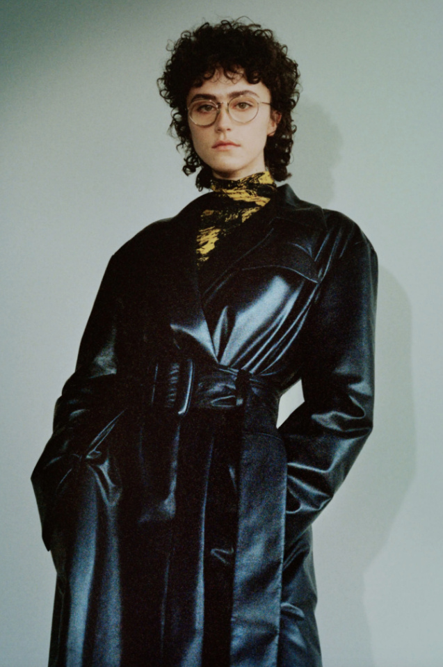 Ella Emhoff models Proenza Schouler black lambskin trench coat. (Photo courtesy of Proenza Schouler)
